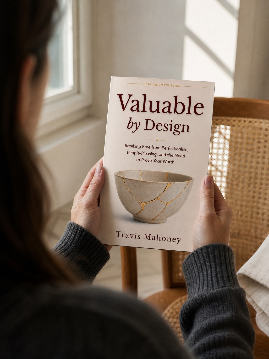 A reader with Valuable by Design in a sunlit cane chair