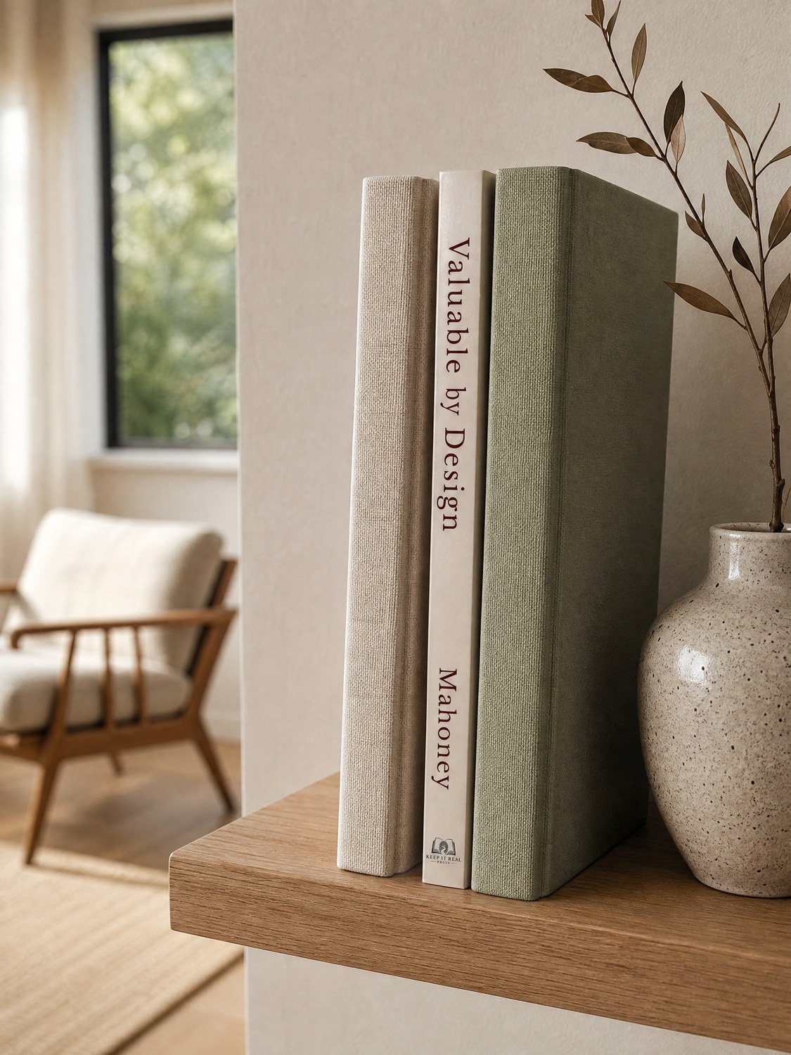 Valuable by Design shelved between linen-bound volumes